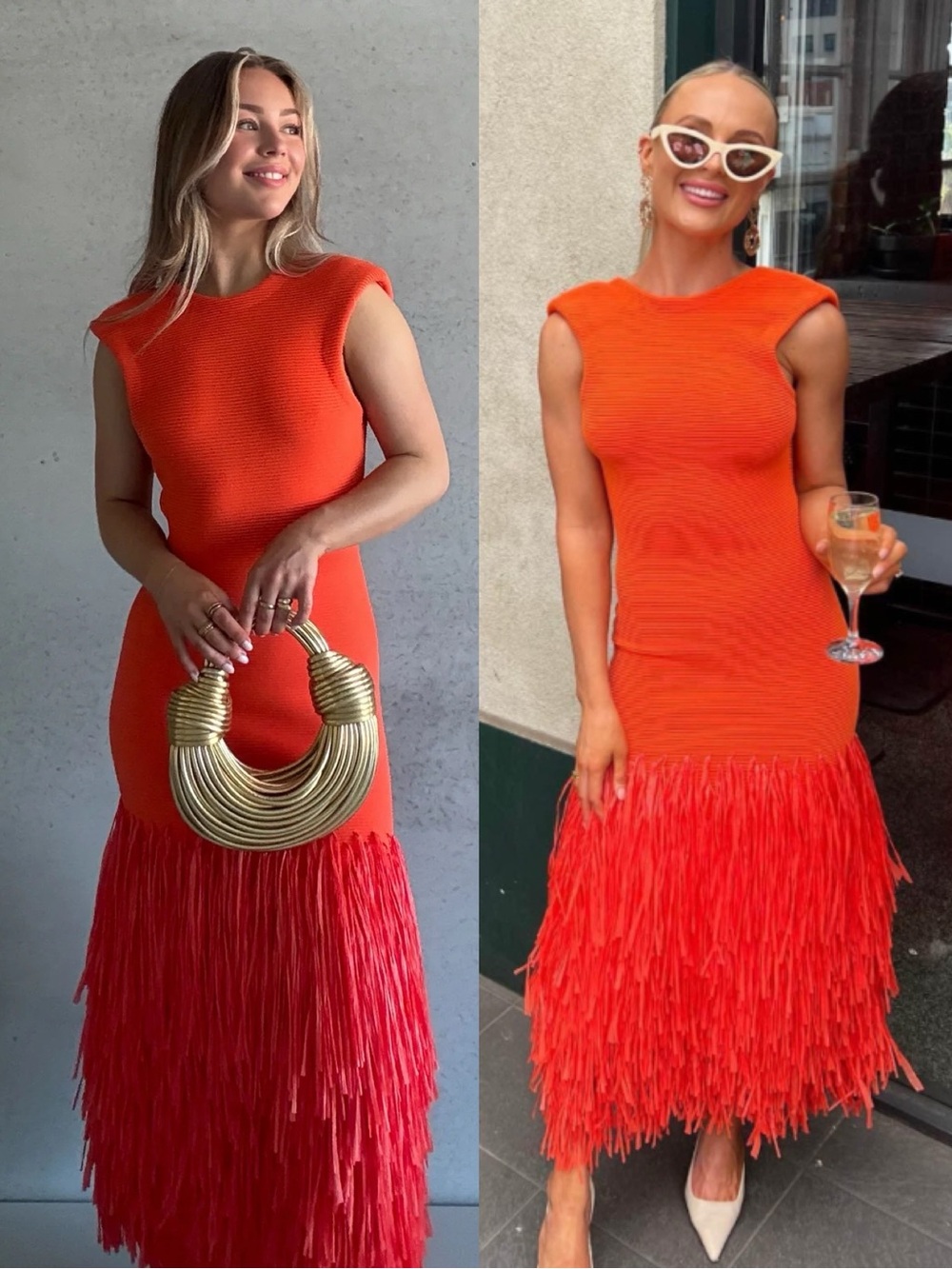 Aje Rushes Raffia Trimmed Ribbed Stretch Knit Dress Orange - Picture 13 of 16